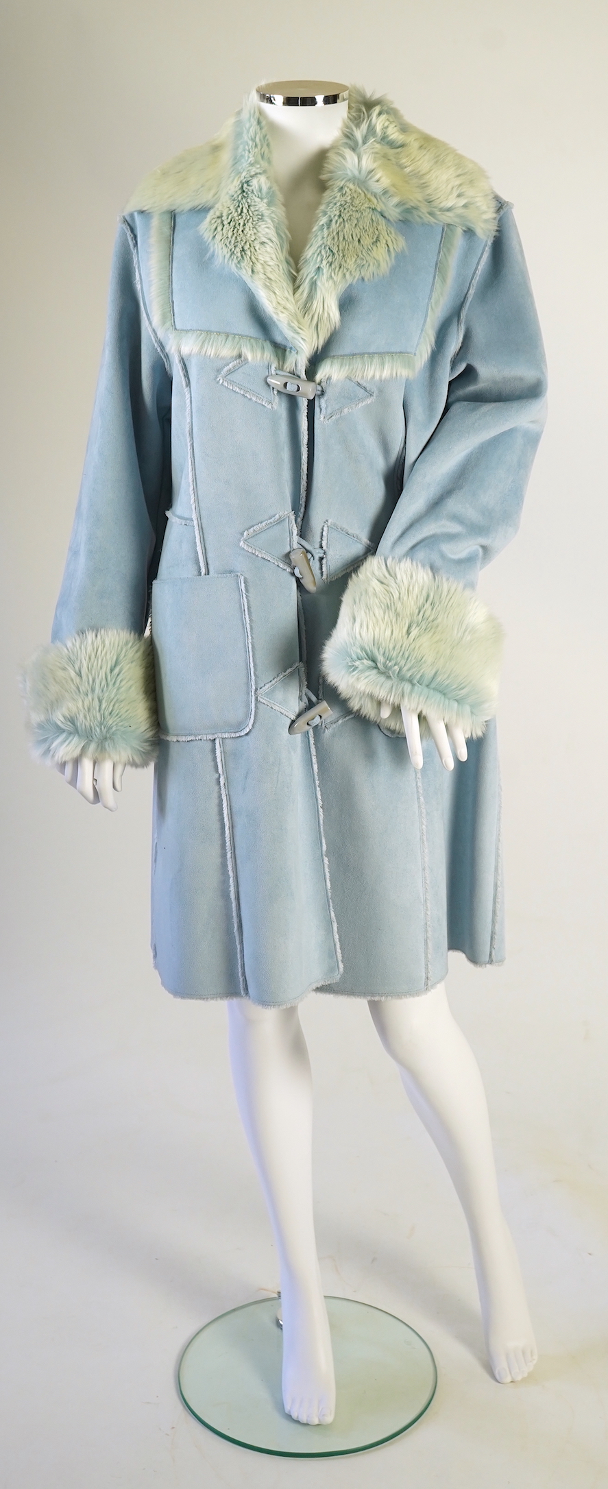 A lady's Chamonix faux sheepskin light blue duffle coat UK 12-14